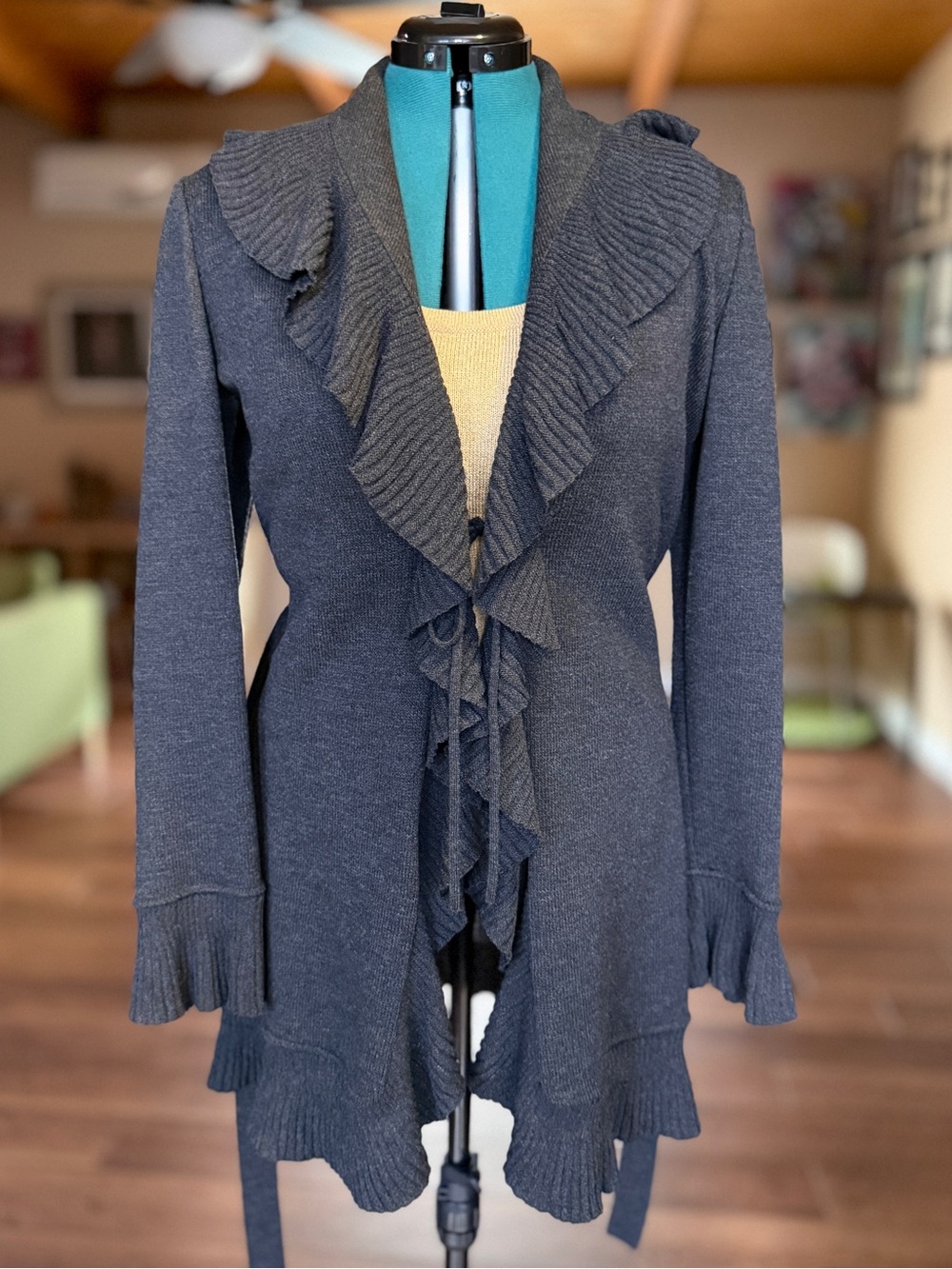 St. John Collection by Marie Gray Charcoal Ruffled Open-Front Cardigan size 8